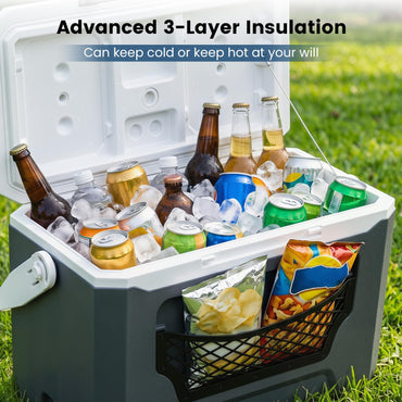 Insulated Cool Box, Ice Chest Box | Cup Holders, Drain Plug & Mesh Storage Pocket