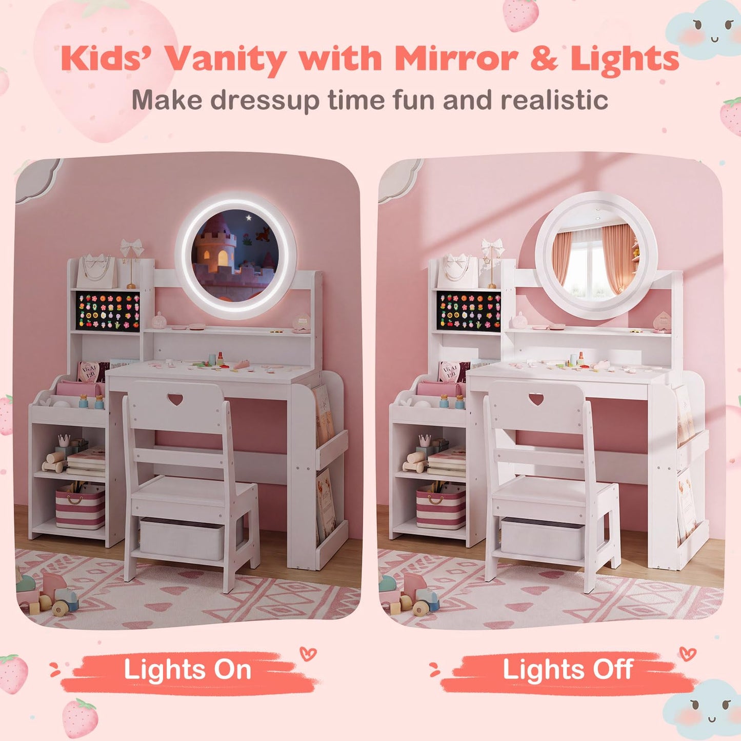 Kids Dressing Table with Lighted Mirror (White, With Storage