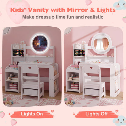 Kids Dressing Table with Lighted Mirror (White, With Storage