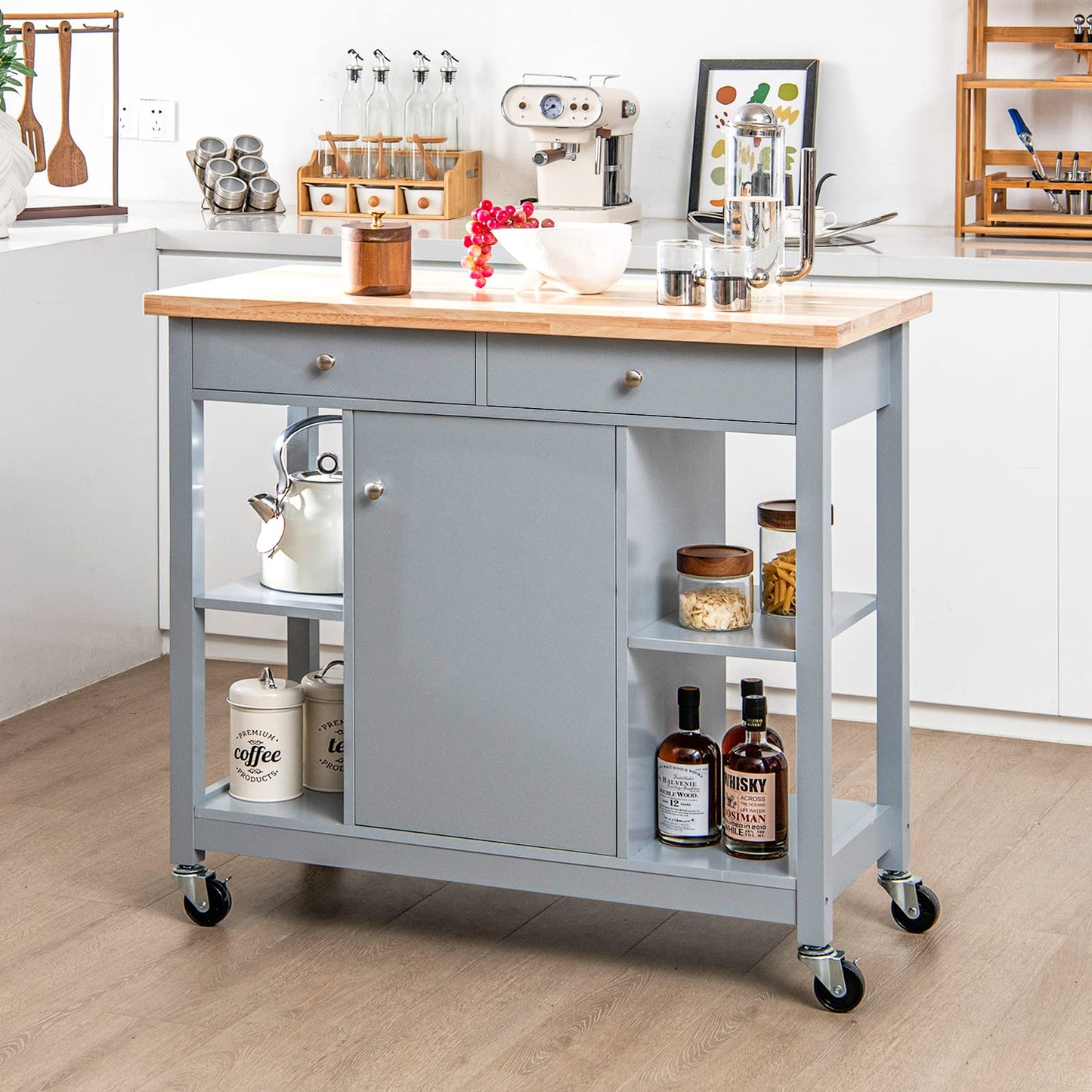 Mobile Kitchen Island Cart Rolling Kitchen Island with Rubber Wood Top