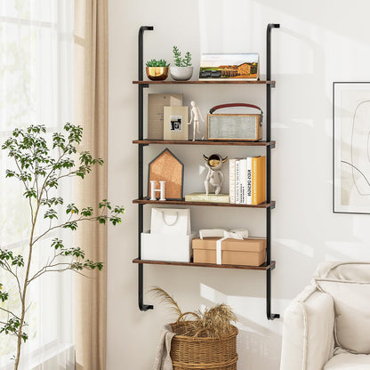 4 Tier Wall Mounted Industrial Pipe Shelving Wood Floating Shelves