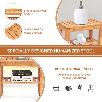 2-Tier Slatted Spa Bath Stool Shower Seat with Storage Shelf and Non-Slip Feet