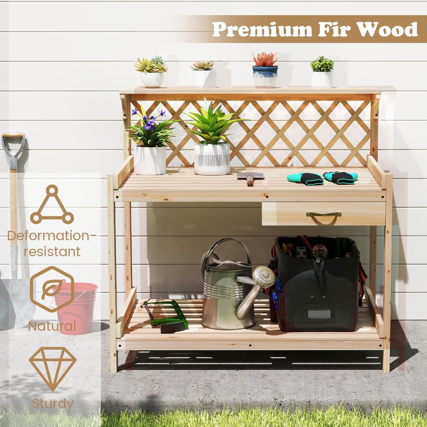 Garden Potting Bench Table with Lattice Trellis and Removable Drawer