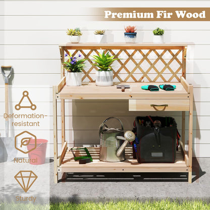 Garden Potting Bench Table with Lattice Trellis and Removable Drawer