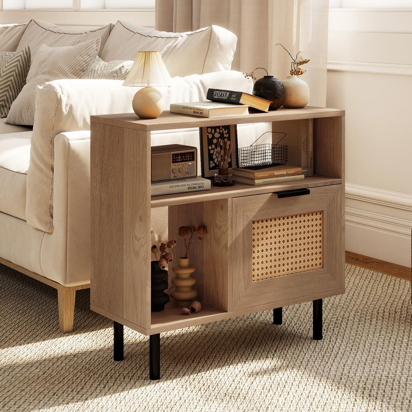 Boho Rattan Side End Table with Open Storage Shelf and Cabinet