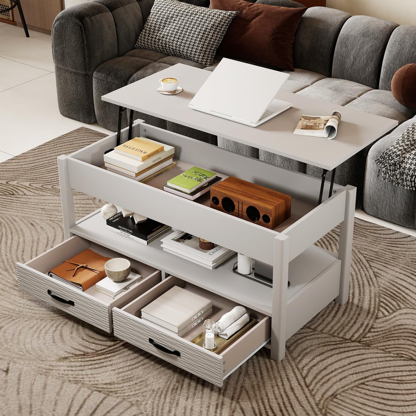 Lift Up Top Coffee Table, Wooden Lifting Cocktail Center Table with Hidden Storage Compartment