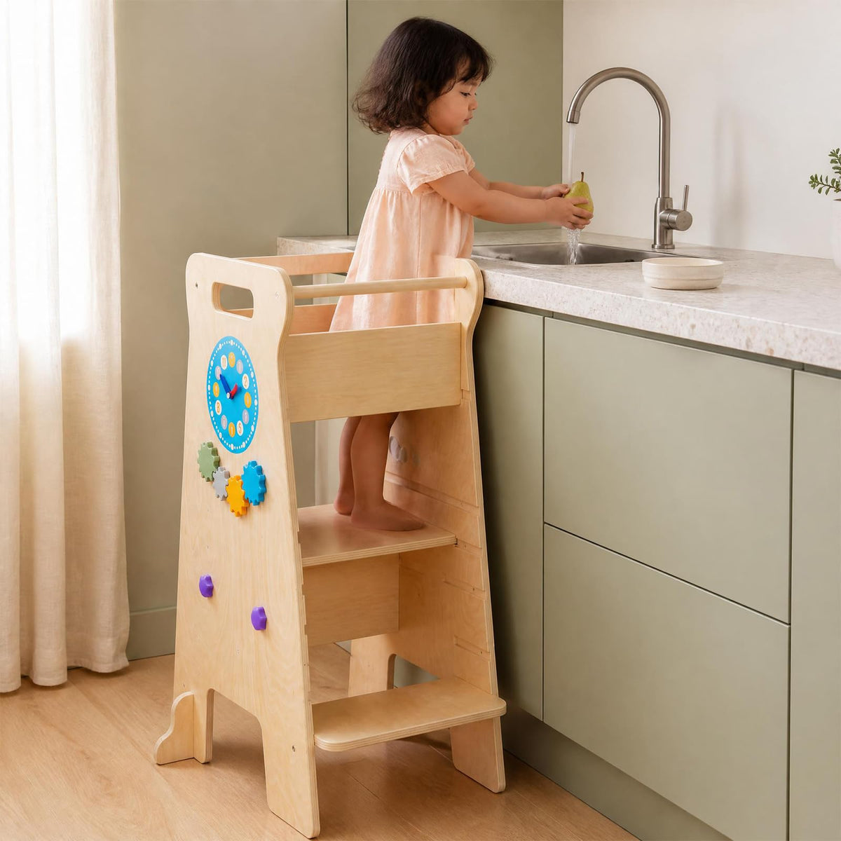 4-in-1 Toddler Tower with Chalkboard Slide and Montessori Games
