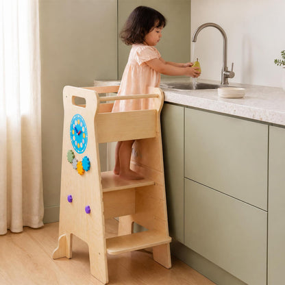 4-in-1 Toddler Tower with Chalkboard Slide and Montessori Games
