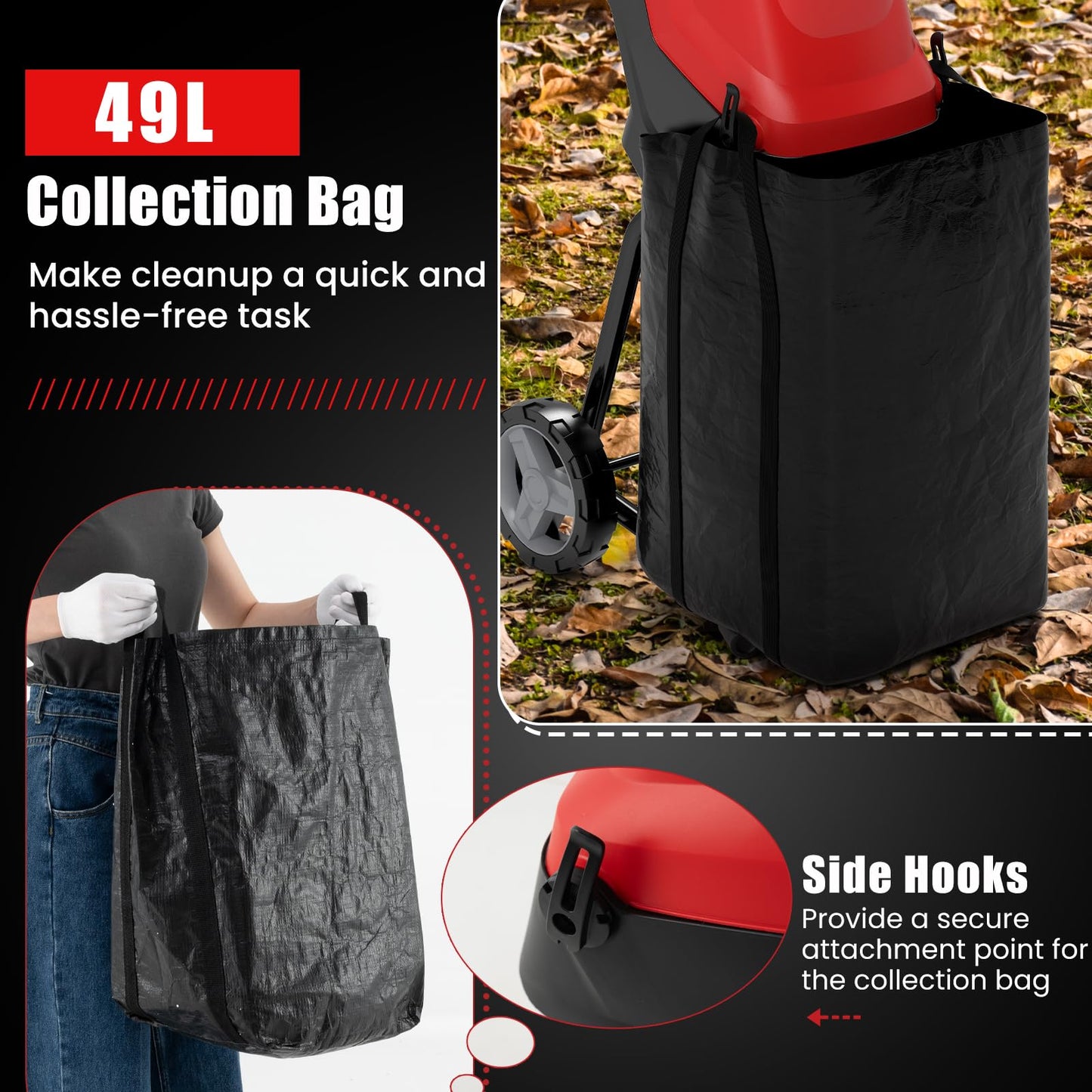 Garden Shredder, 1800W Electric Wood Chipper with 49L Collection Bag