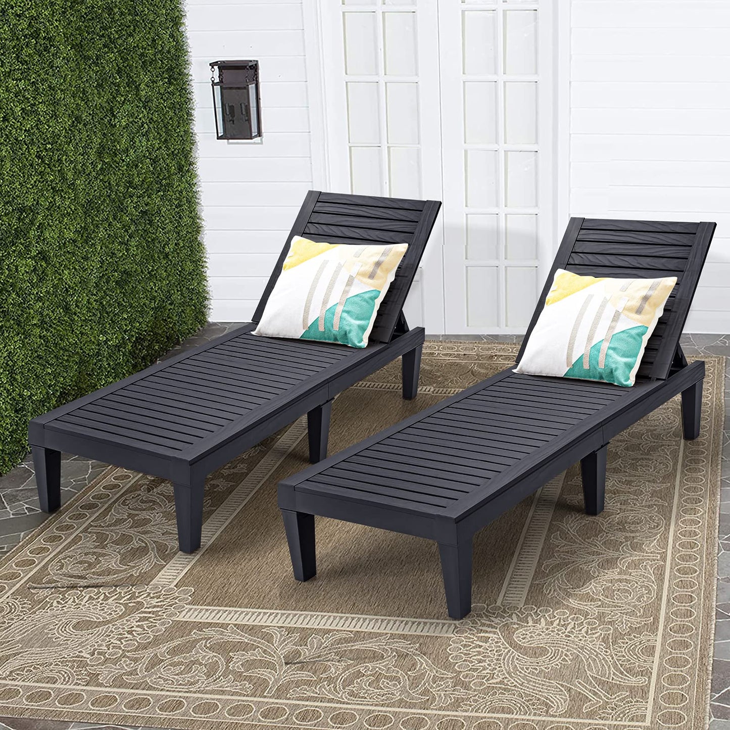 5 Positions Adjustable Outdoor Chaise Lounge Chair with Wood Texture Surface