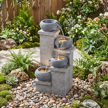 4-Tier Outdoor Water Fountain, Cascading Waterfall Fountain with 3 LED Lights
