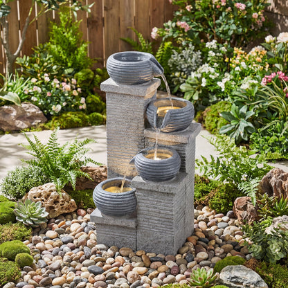 4-Tier Outdoor Water Fountain, Cascading Waterfall Fountain with 3 LED Lights
