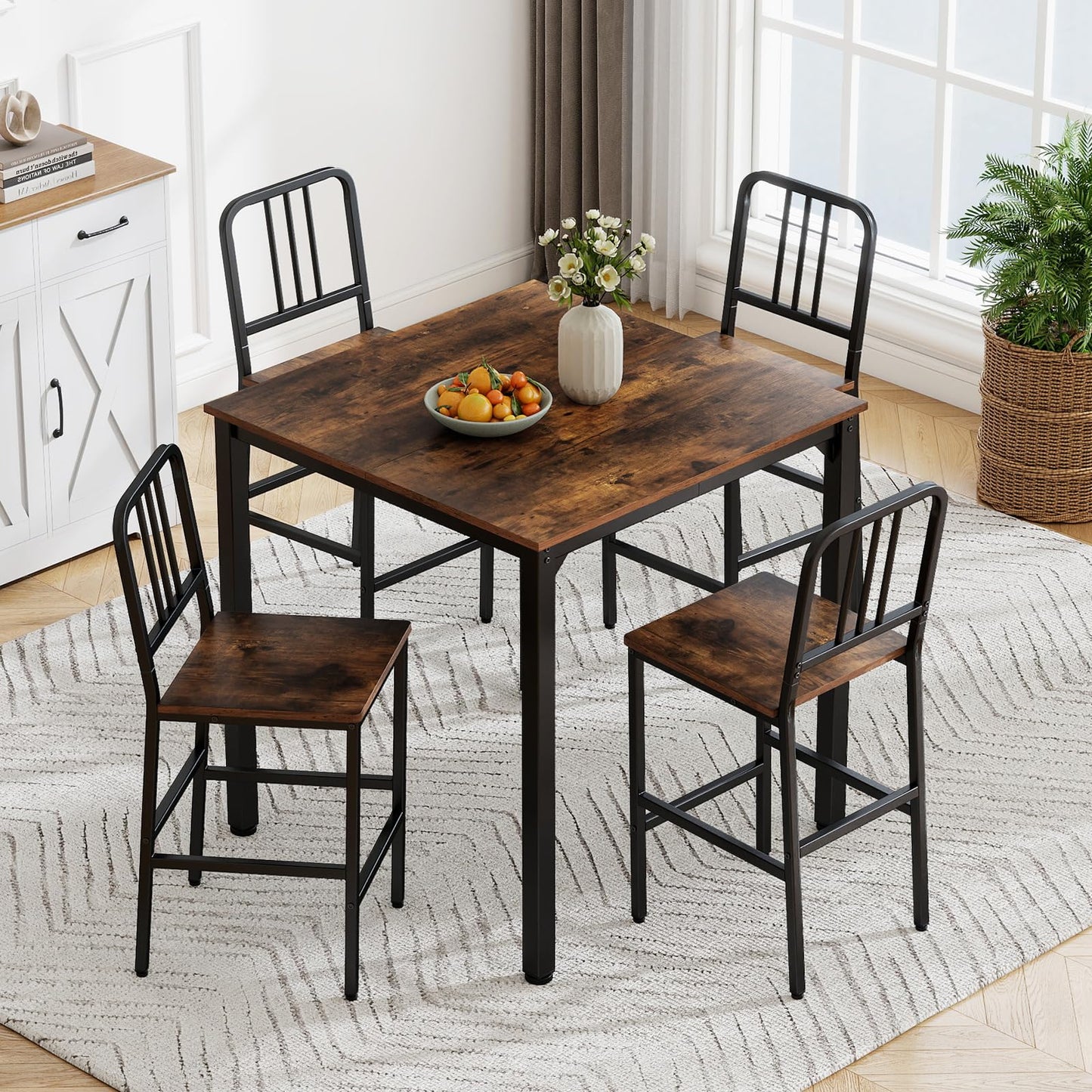 Counter Height Dining Table Set for 4 Kitchen Bar Table and Chairs Set with Faux Marble Surface