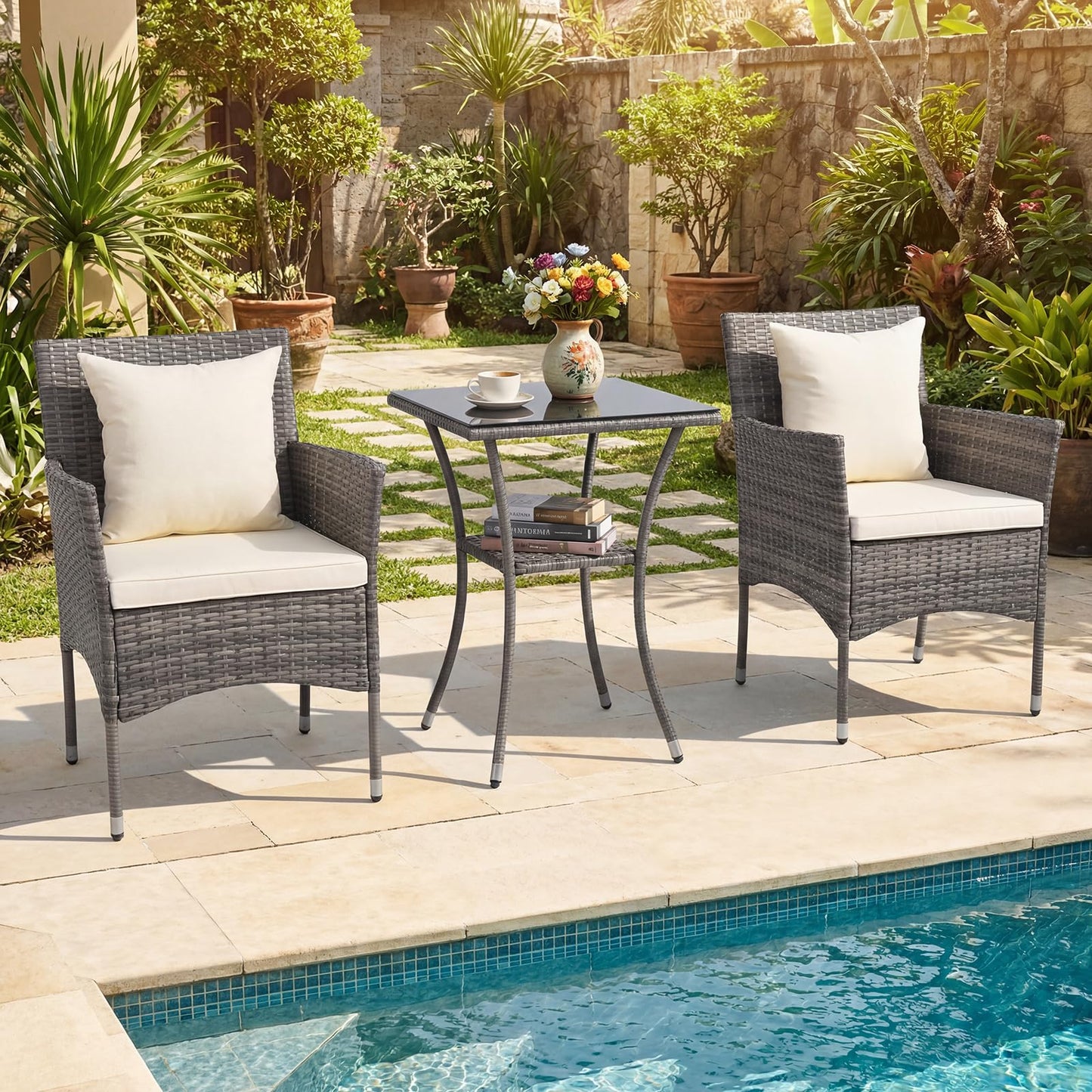 3-Piece Patio Bistro Set, PE Rattan Furniture Set with 2 Cushioned Chairs and Tempered Glass Table