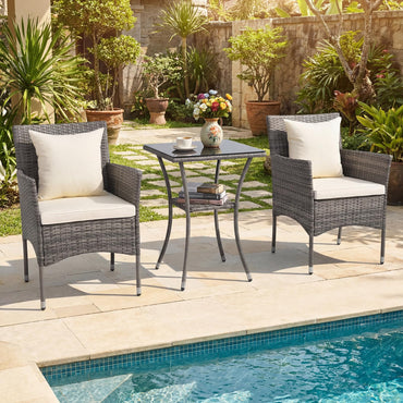 3-Piece Patio Bistro Set, PE Rattan Furniture Set with 2 Cushioned Chairs and Tempered Glass Table