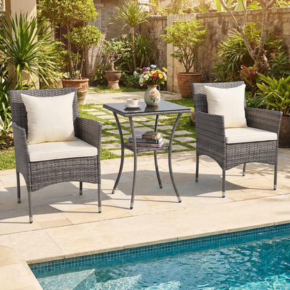 3-Piece Patio Bistro Set, PE Rattan Furniture Set with 2 Cushioned Chairs and Tempered Glass Table