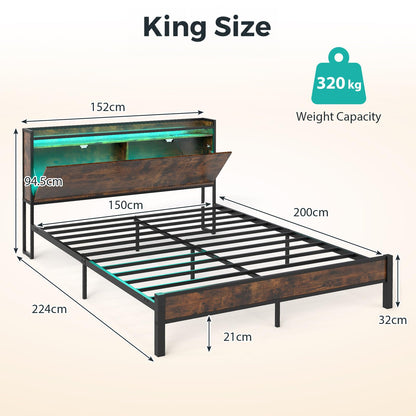 King Size Bed Frame with LED Lights, Charging Station,5ft-150x200cm