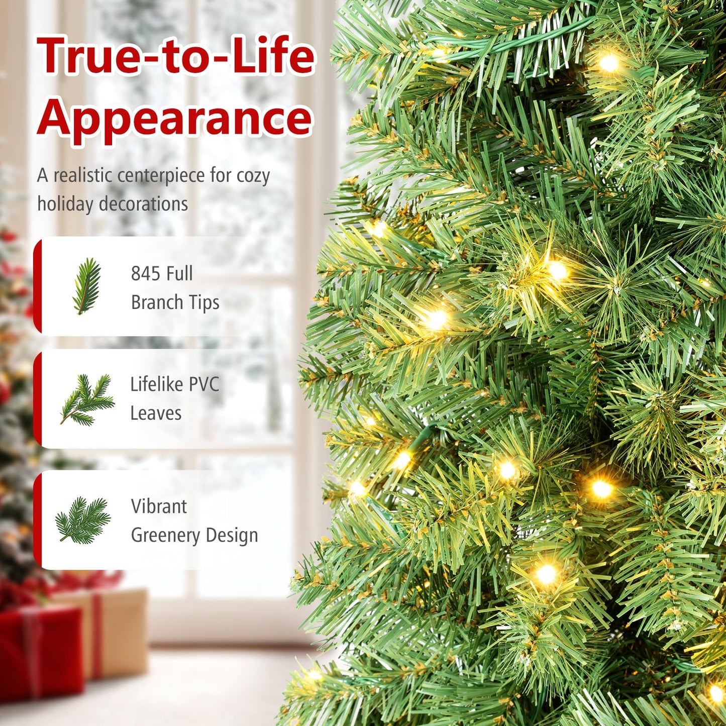 Pre-Lit Artificial Christmas Tree, Hinged Xmas Tree with 350 Warm White & Colorful LED Lights