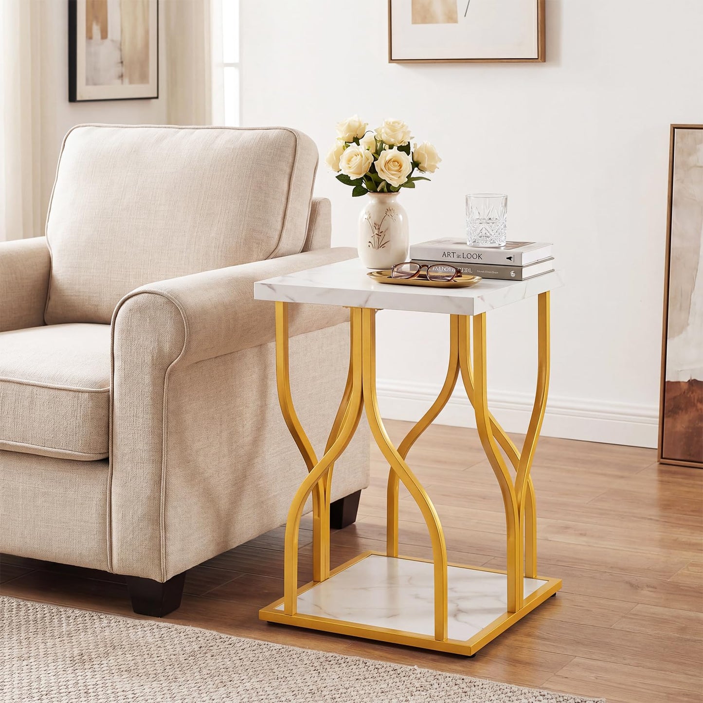 2-Tier Sofa Side Table, Faux Marble End Table with Storage Shelf