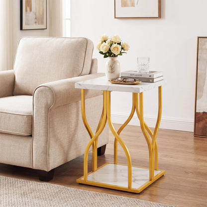 2-Tier Sofa Side Table, Faux Marble End Table with Storage Shelf