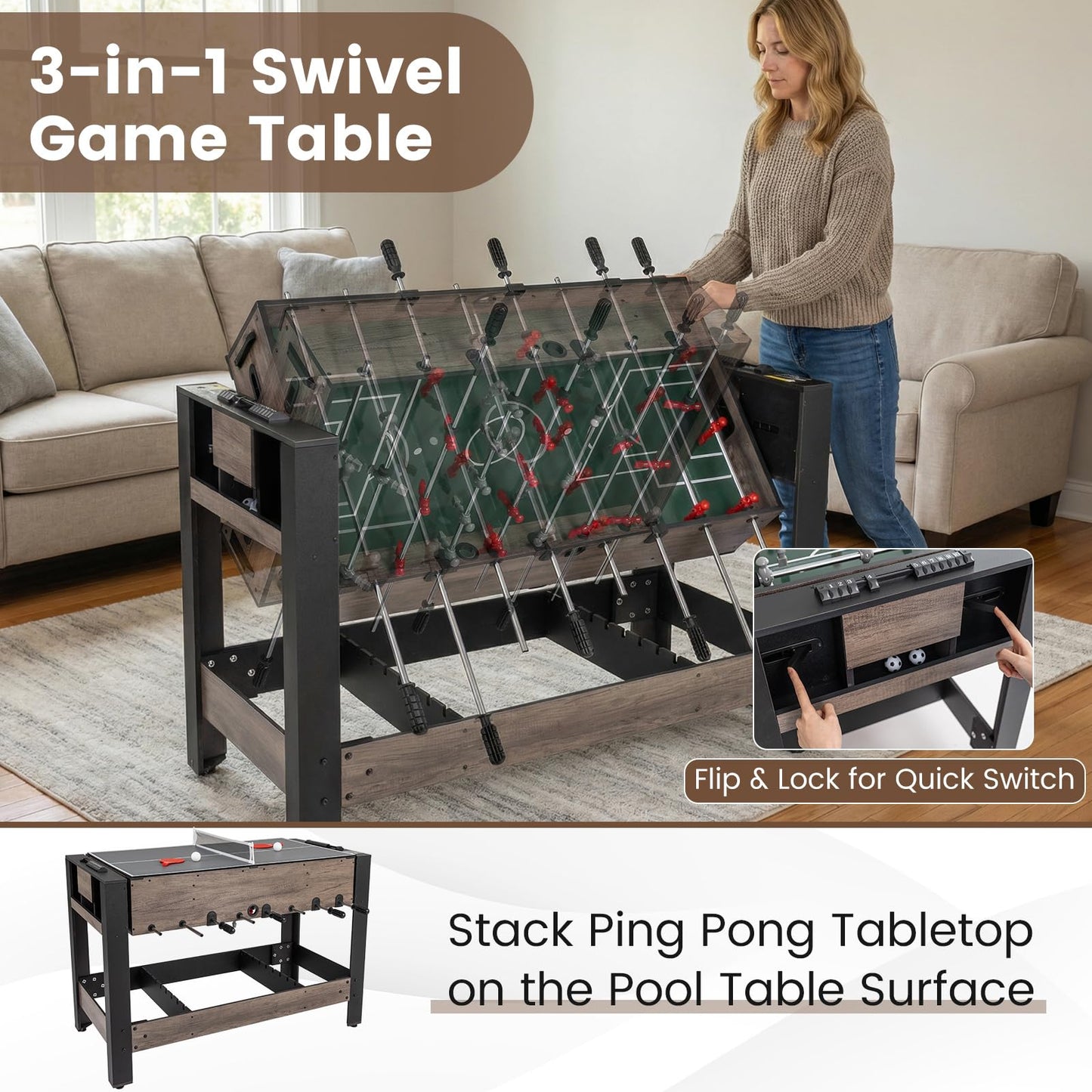 3-in-1 124CM Swivel Game Table with Foosball Pool Billiards Table Tennis