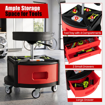 Height-Adjustable Rolling Mechanic Stool with Cushioned Seat Tool Tray for Repair Shop