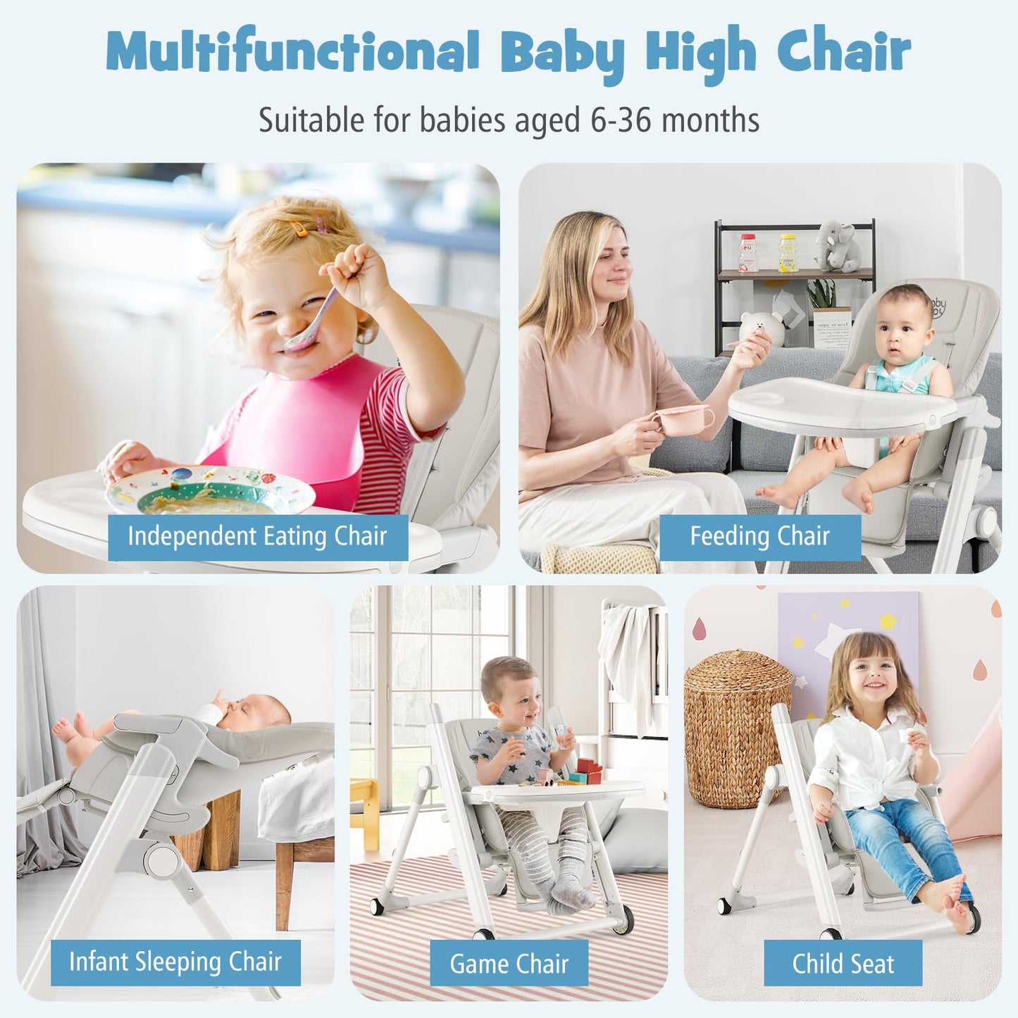 Adjustable Toddlers Reclining Highchair with Detachable Double Trays