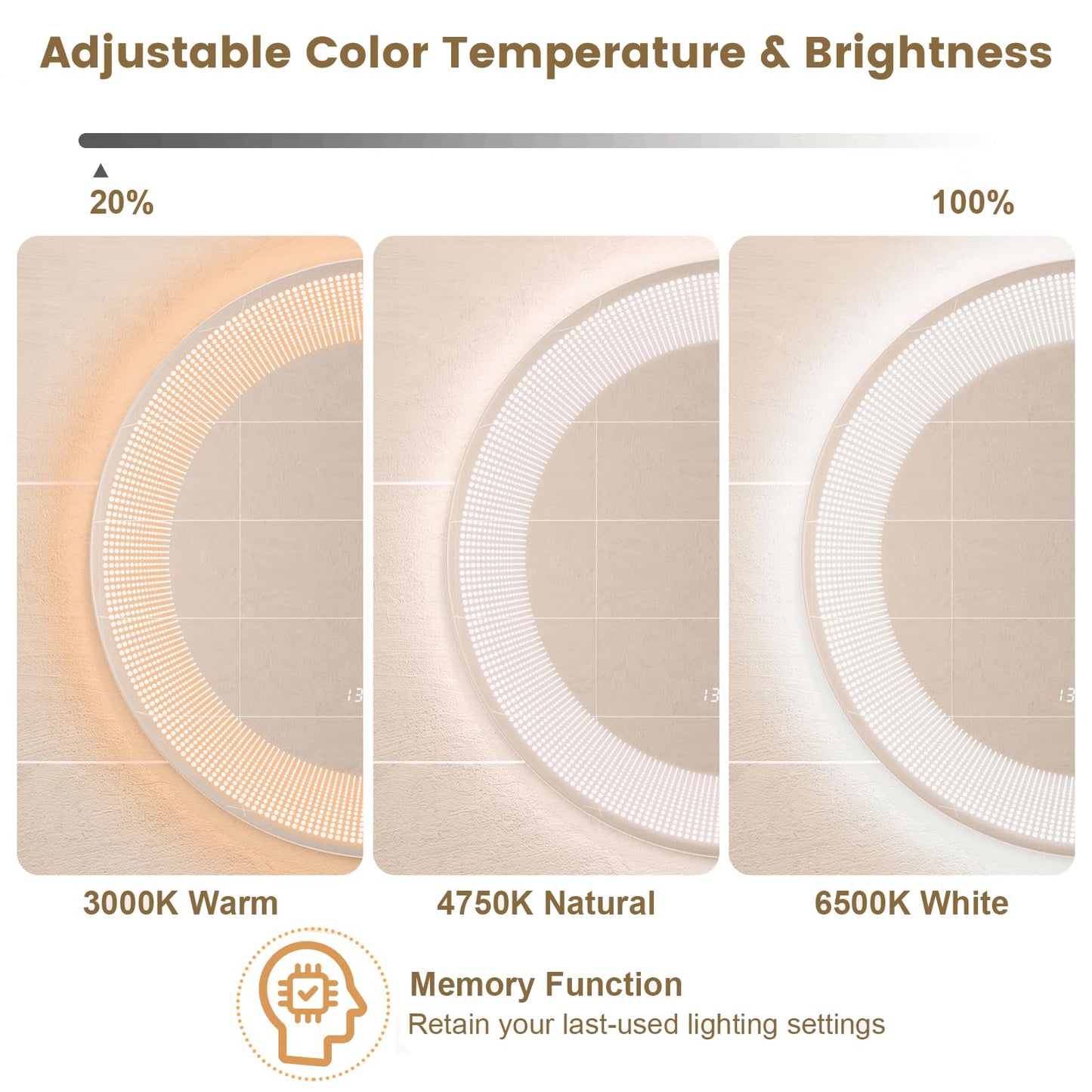 Wall-Mounted Vanity Makeup Mirror with 3-Color Dimmable Lights Touch Switch