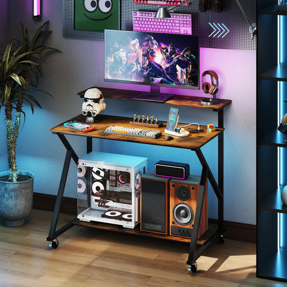 Mobile Computer Desk with Power Outlets Monitor Stand and Storage Shelf