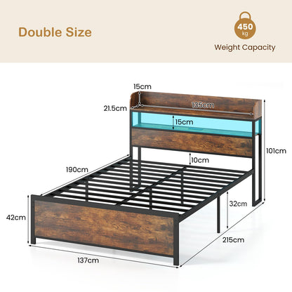 Double Bed Frame with LED Lights and Power Outlets with Storage Headboard