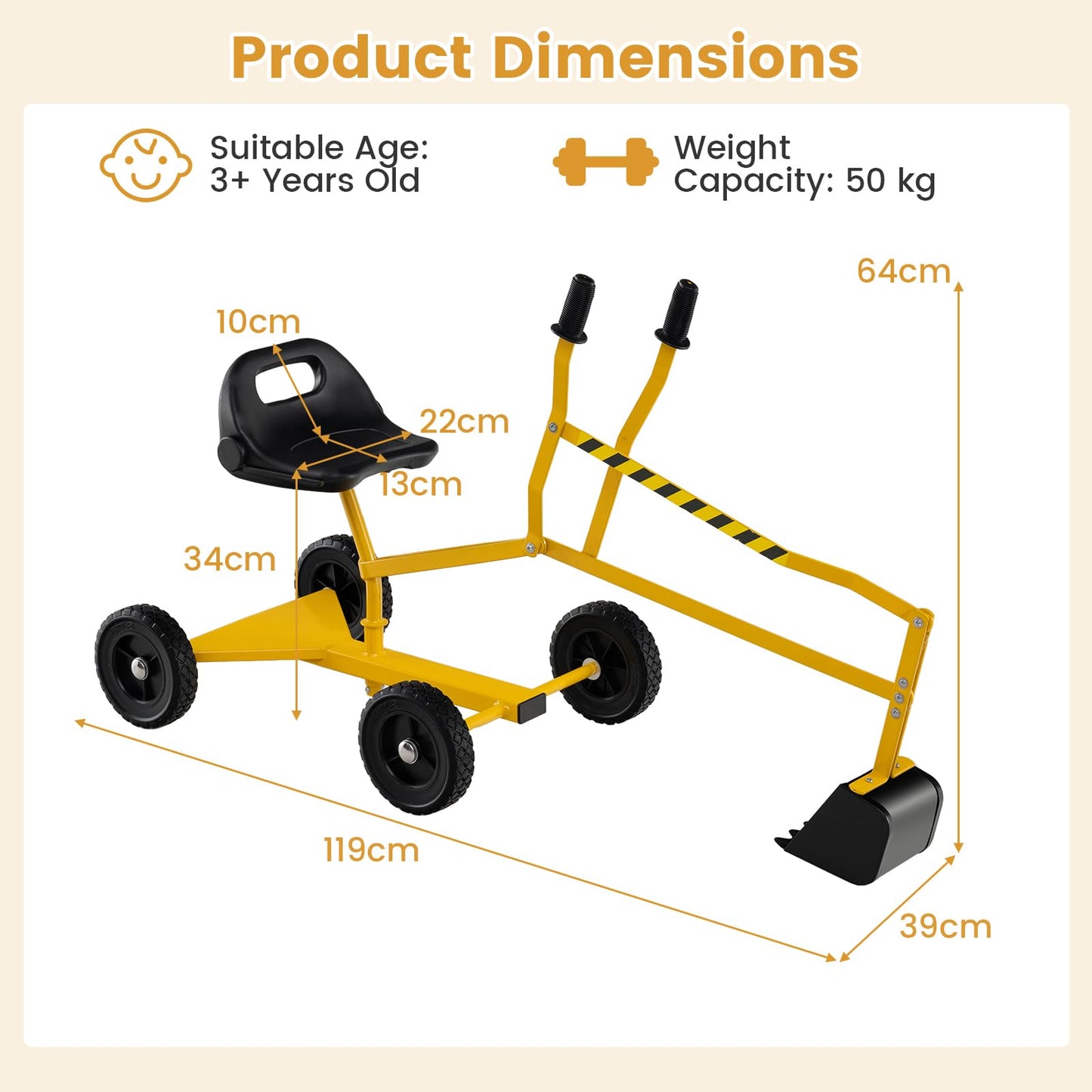 Kids Ride on Digger Children Construction Excavator with 2-Handed Controls