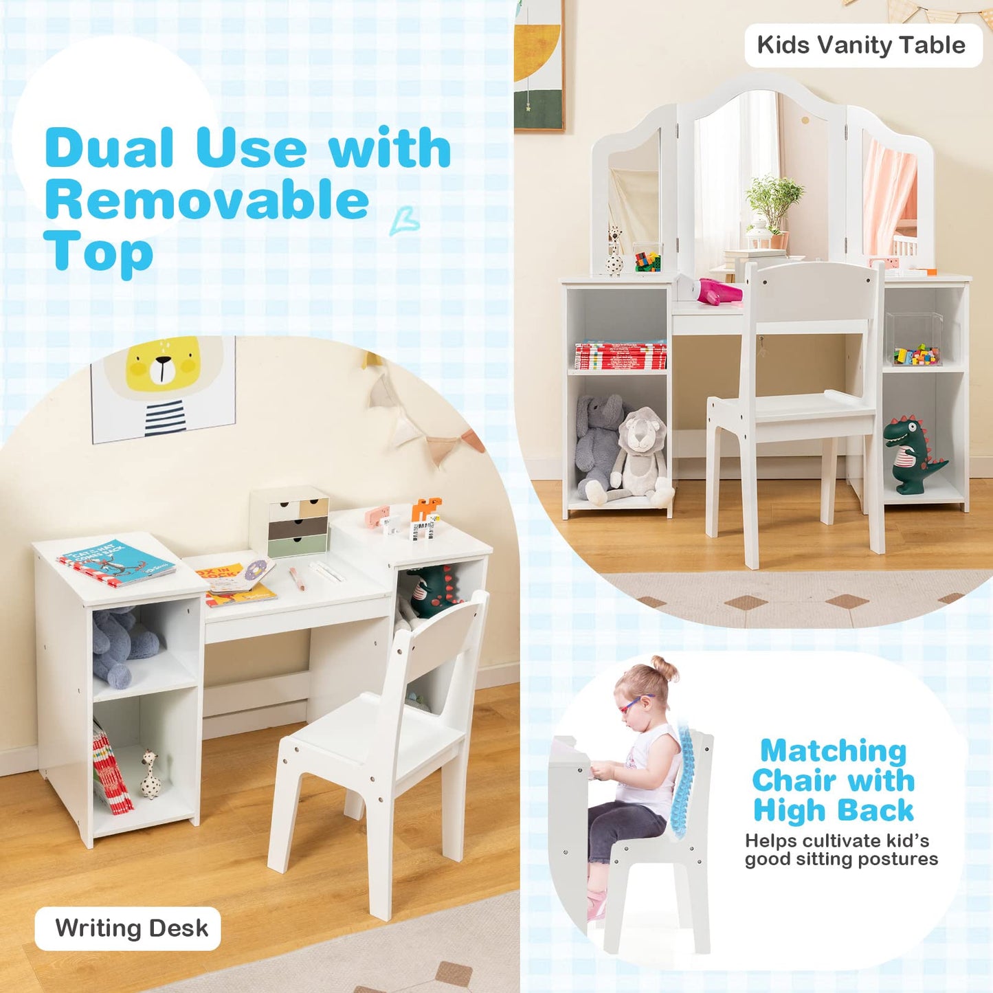 Children Dressing Table with Stool for Playroom Bedroom