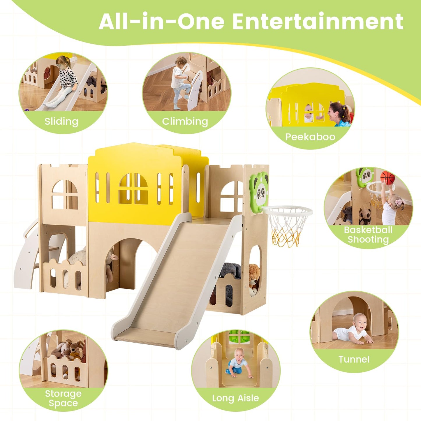 7-in-1 Toddler Slide Set with Ladder and Long Aisle Wooden Playground