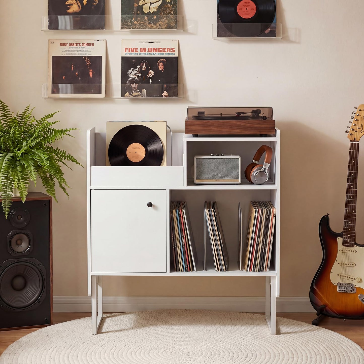 Record Player Stand with Charging Station, End Table with Display Shelves & Door