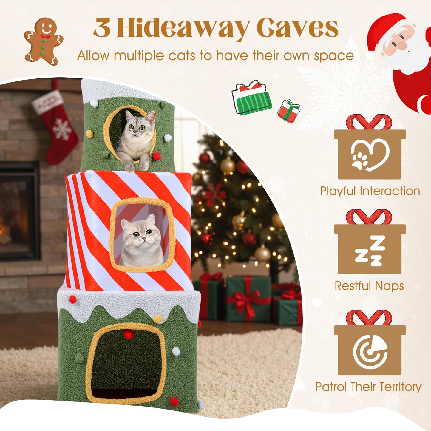 120 cm Cute Cat Climbing Furniture with 3 Condos and Hideaway Caves