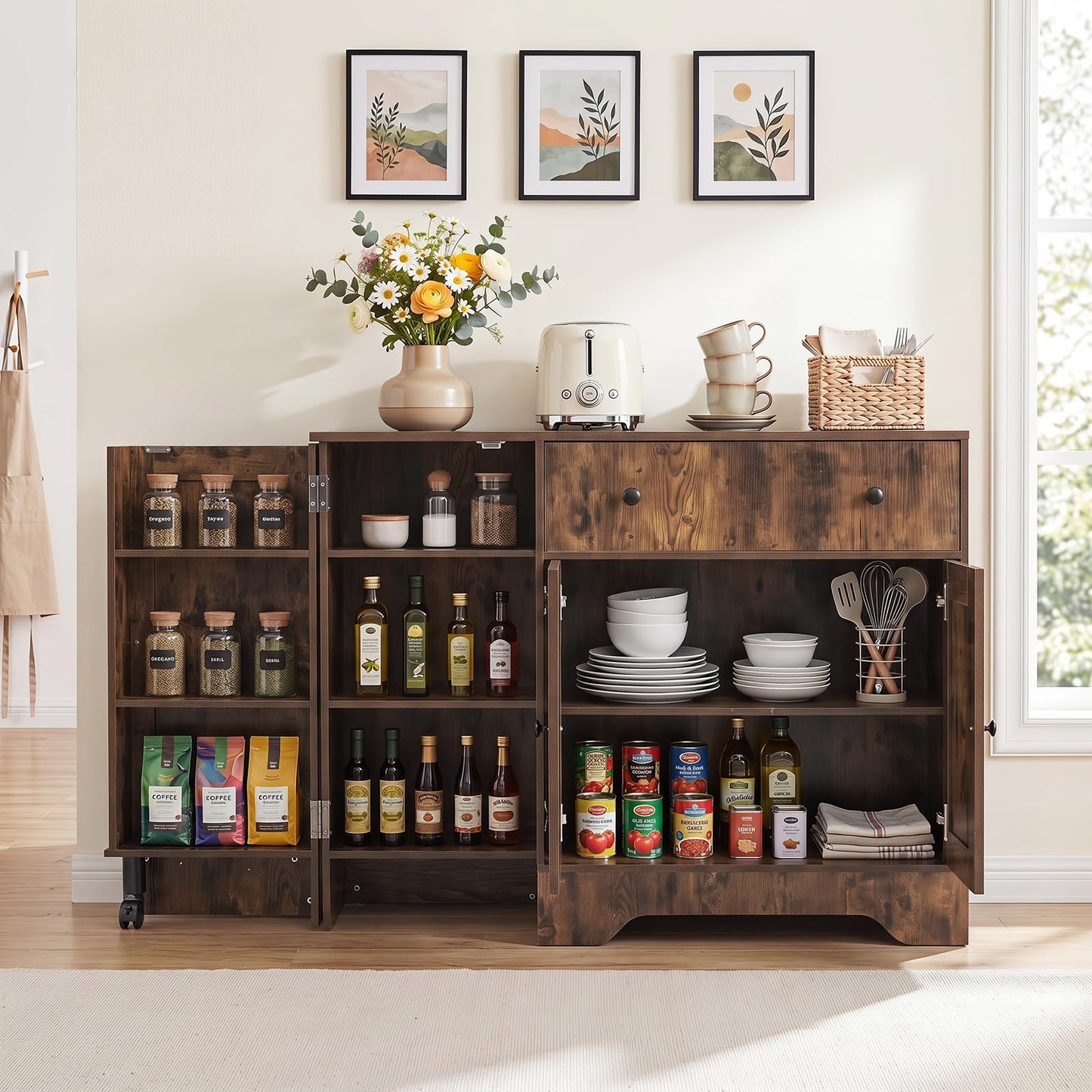 Storage Cabinet with 3 Doors, 3-Tier Side Rack & Lockable Wheel