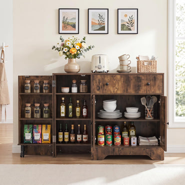 Storage Cabinet with 3 Doors, 3-Tier Side Rack & Lockable Wheel