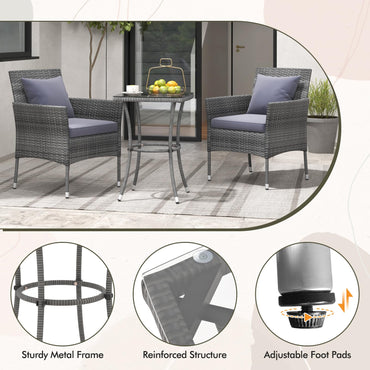 3-Piece PE Rattan Furniture Set with 2 Cushioned Chairs and Tempered Glass Table