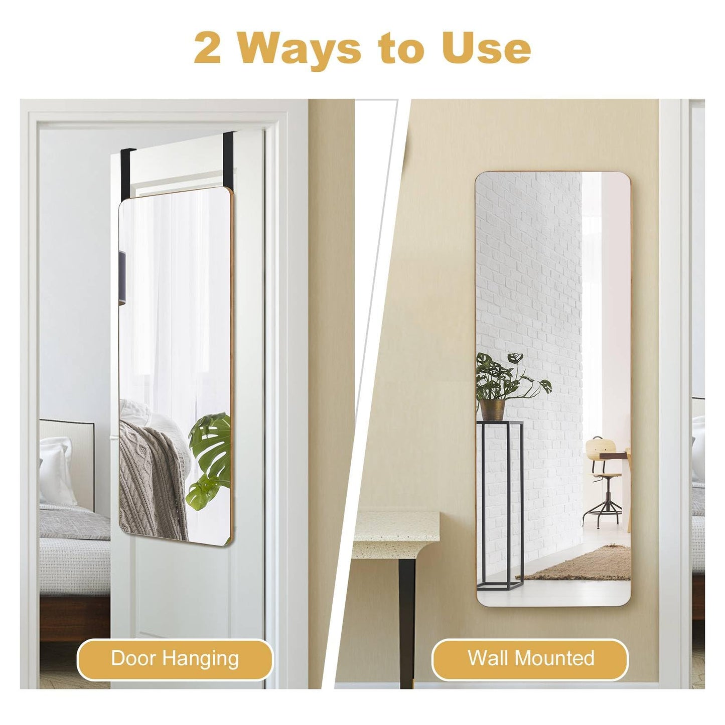 Rectangle Wall Mounted Mirror with Bamboo Frame and Round Corners