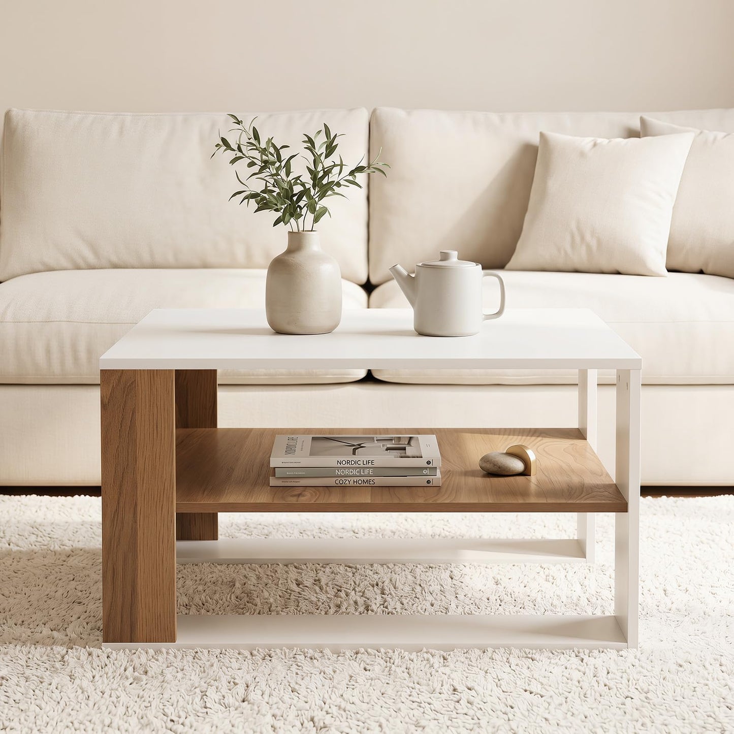 Wooden Square Coffee Table with Storage and Open Shelf for Living Room