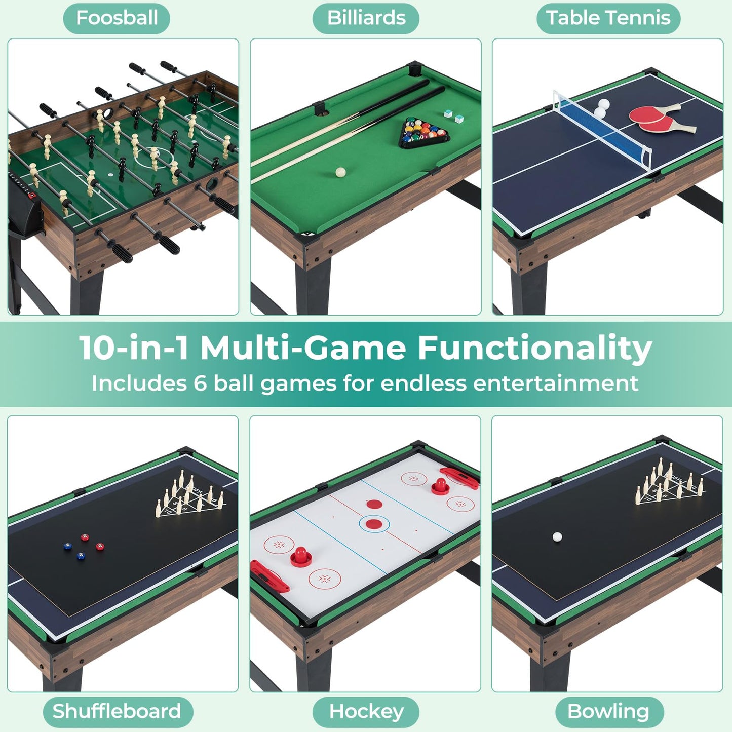 10-in-1 Multi Game Table, Space-Saving Combo Tables with Football