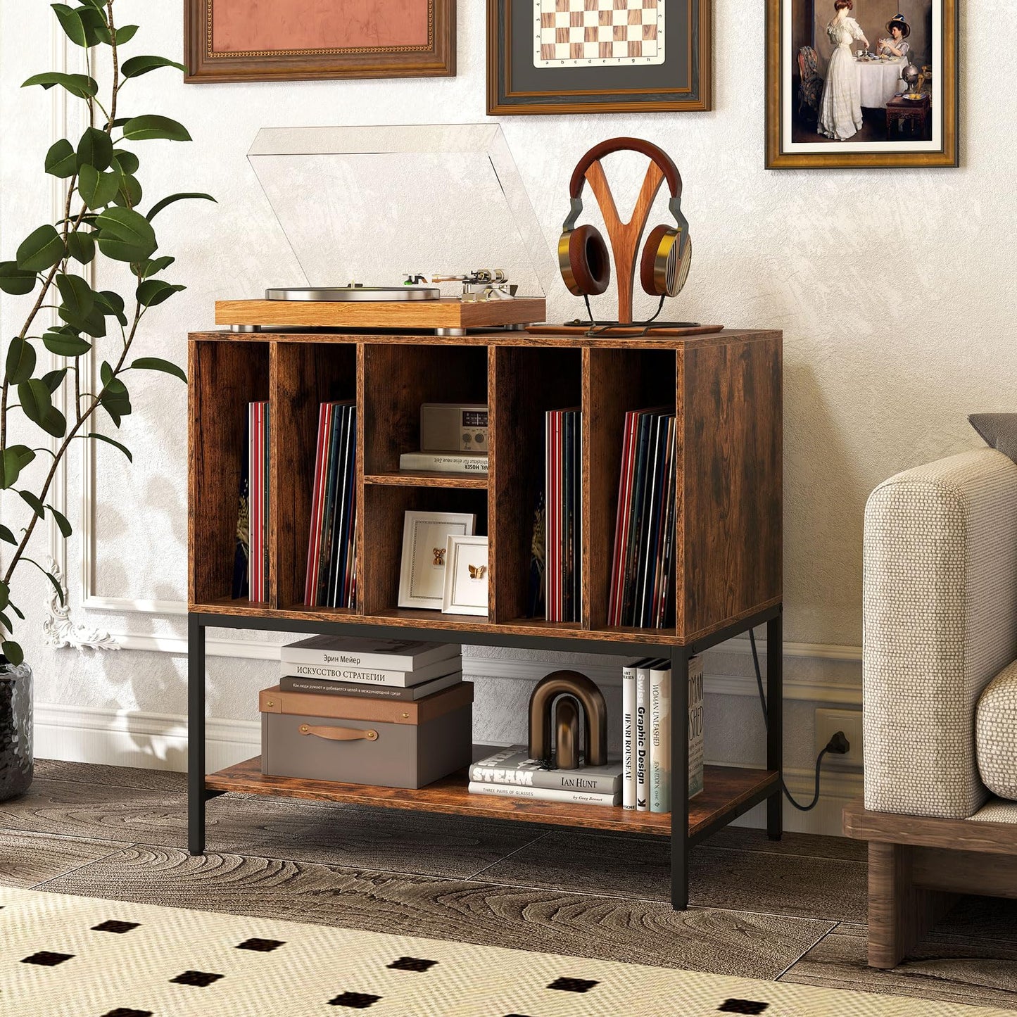 Record Player Stand with Charging Station for Living Room