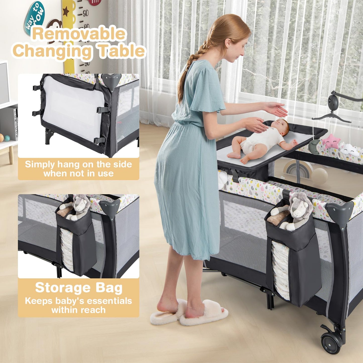 3 in 1 Baby Activity Center Foldable Pack and Play with Diaper Changing Table