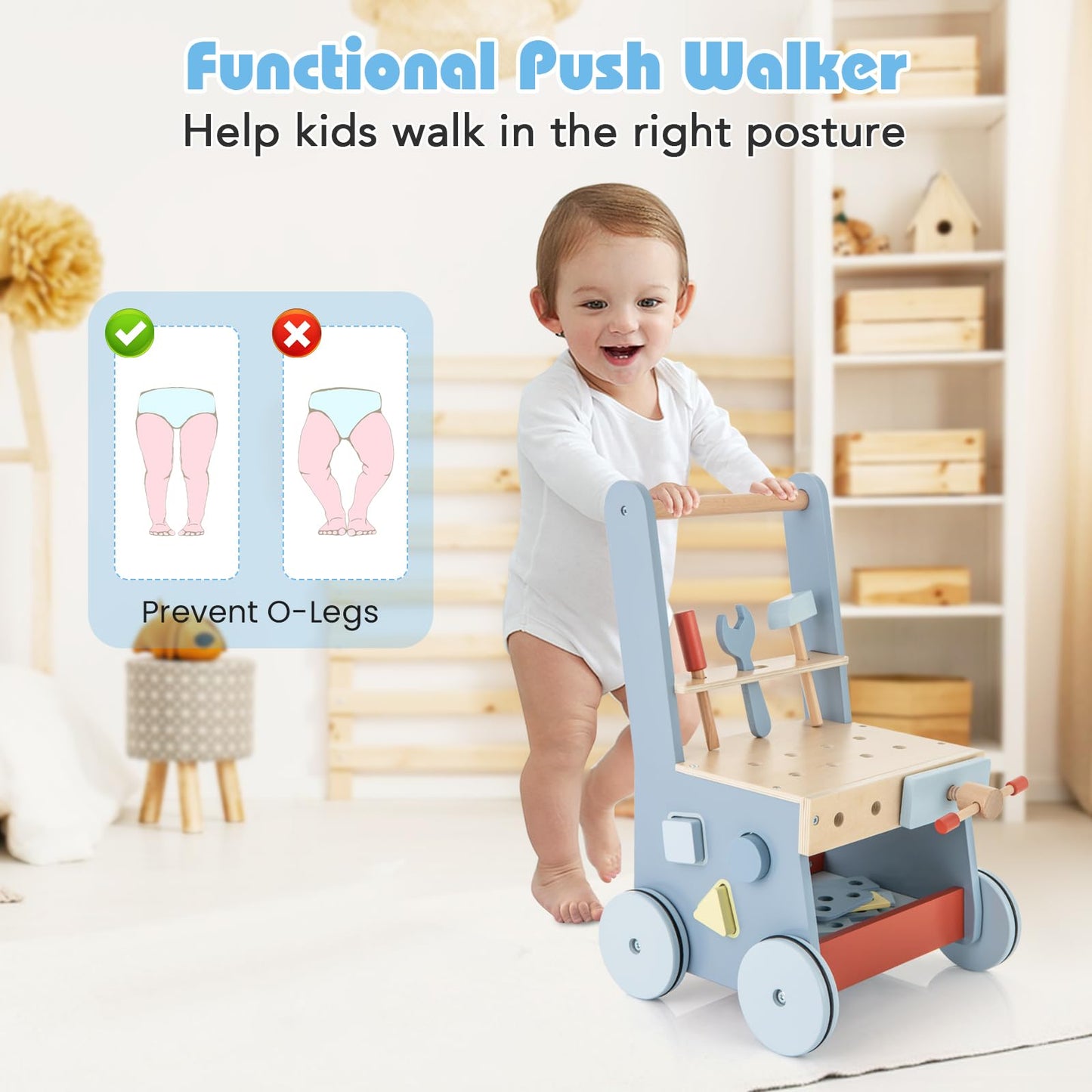 Wooden 2 in 1 Baby Walker and Toy Tool Bench with Activity Center