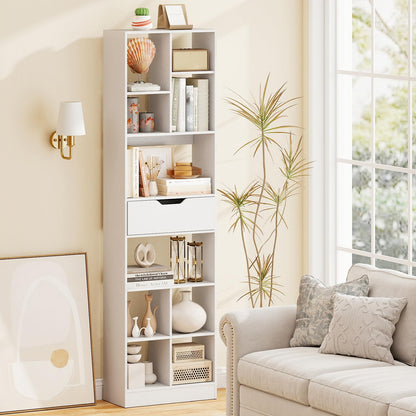 Tall Bookcase with Drawer, Open Cubes and Anti-toppling Kits, Floor Display Rack Storage Organizer