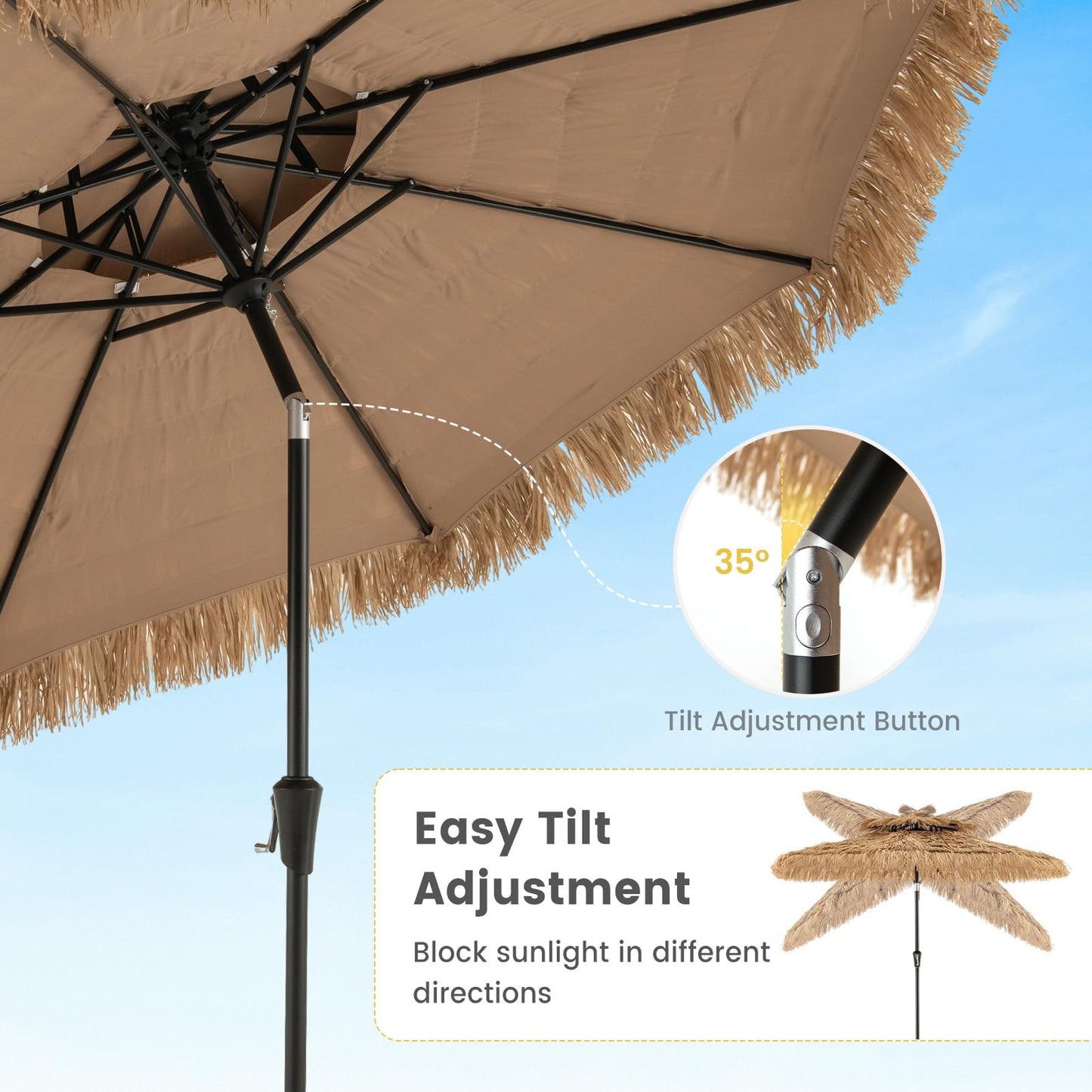 Thatched Tiki Parasol, Tilt Adjustment Hawaiian Patio Beach Umbrella