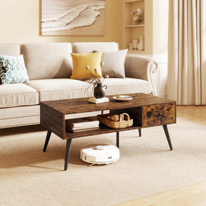 109cm Rectangular Wooden Coffee Table with Drawer and Storage Shelf