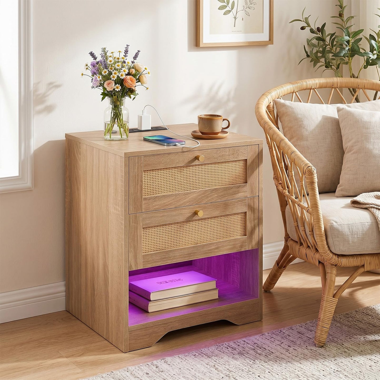 Rattan Bedside Table with Charging Station and LED Lights, Boho Nightstand End Sofa Side Table
