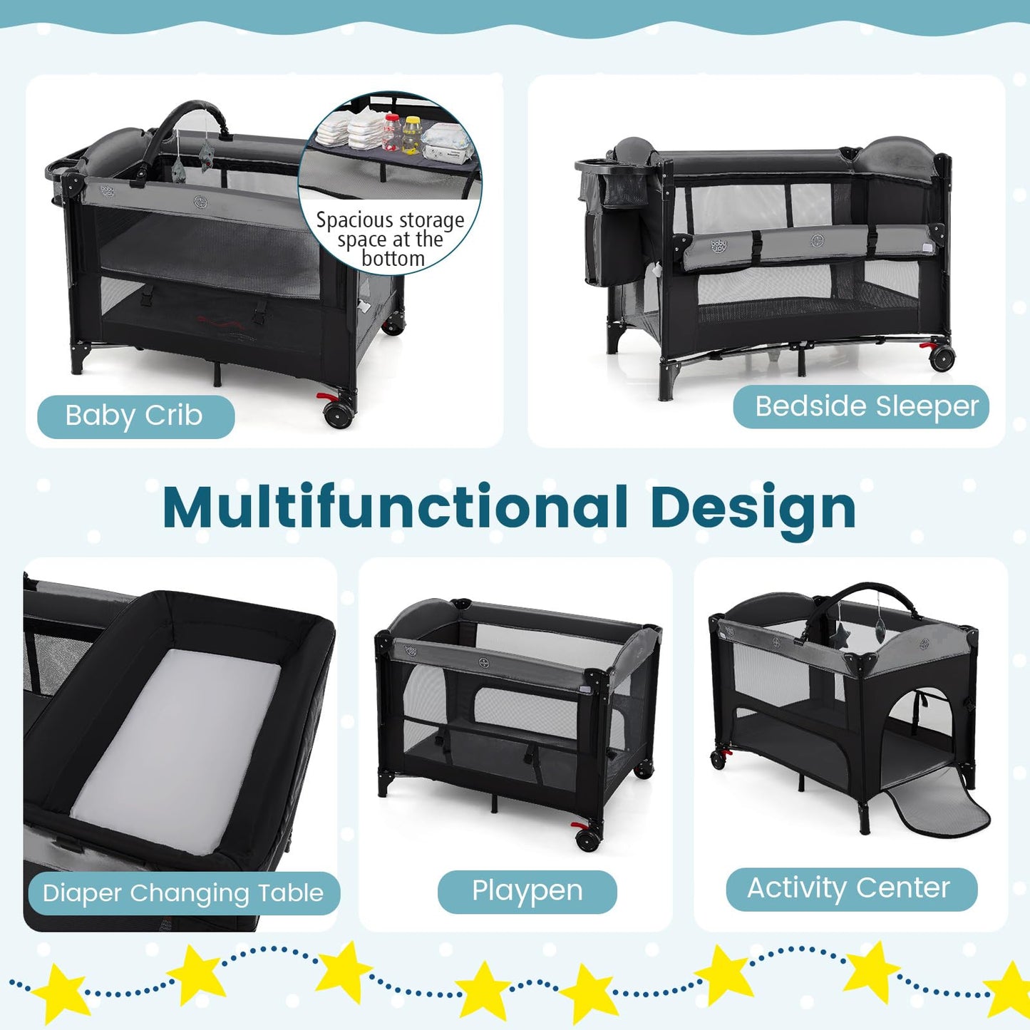 Foldable Pack and Play with 5 Adjustable Heights and Changing Table