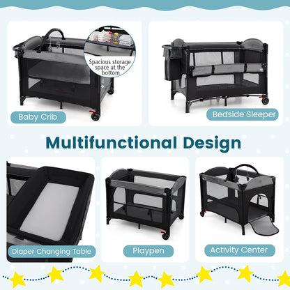 Foldable Pack and Play with 5 Adjustable Heights and Changing Table